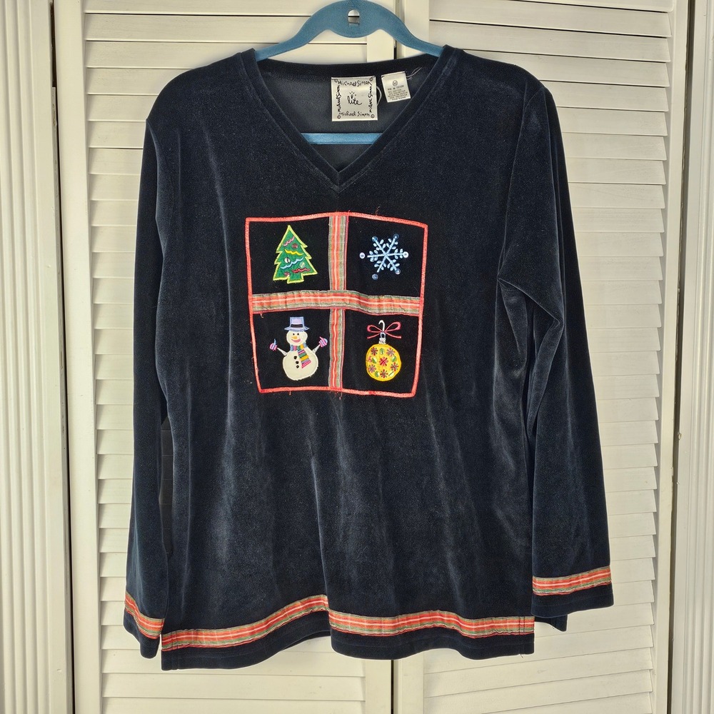 Michael Simon Lite Womens Black Velour Velvet Christmas Sweater Medium